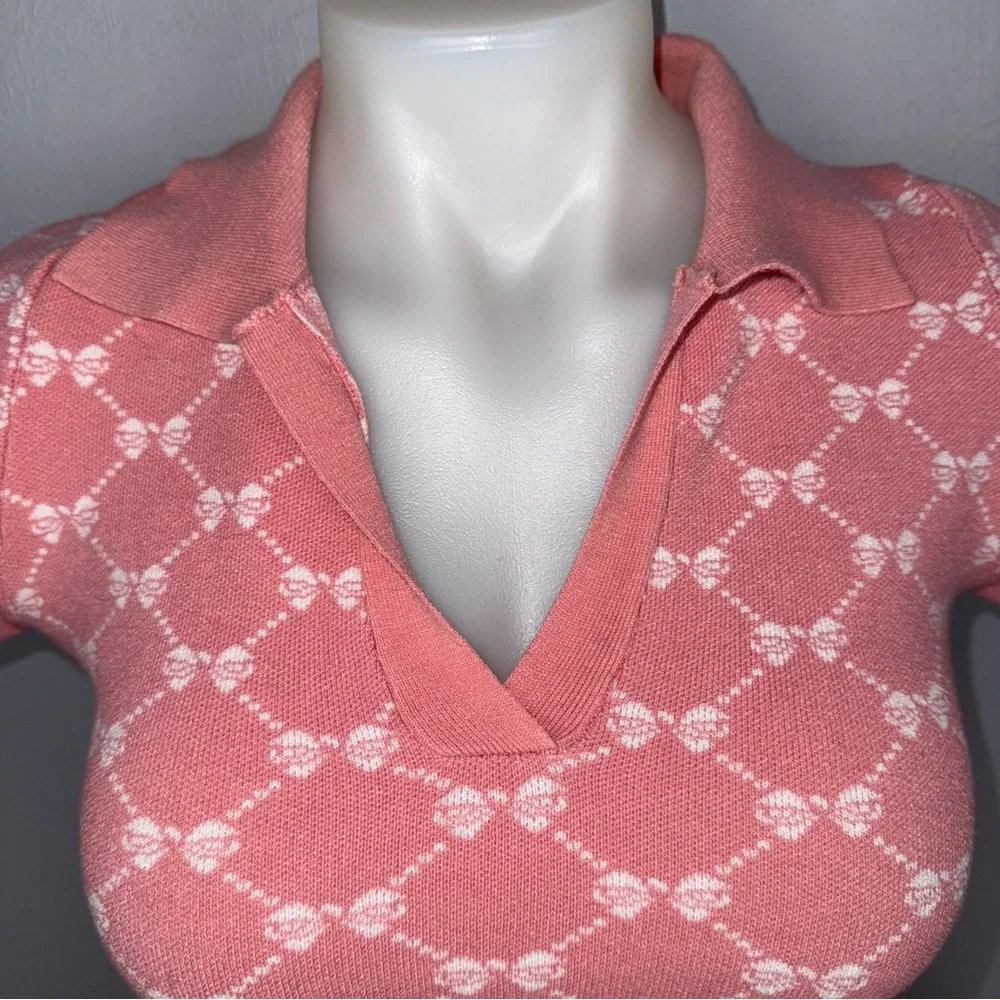 Luna Ivy Top Women’s S Pink And White Bows Cropped Polo Shirt knit‎